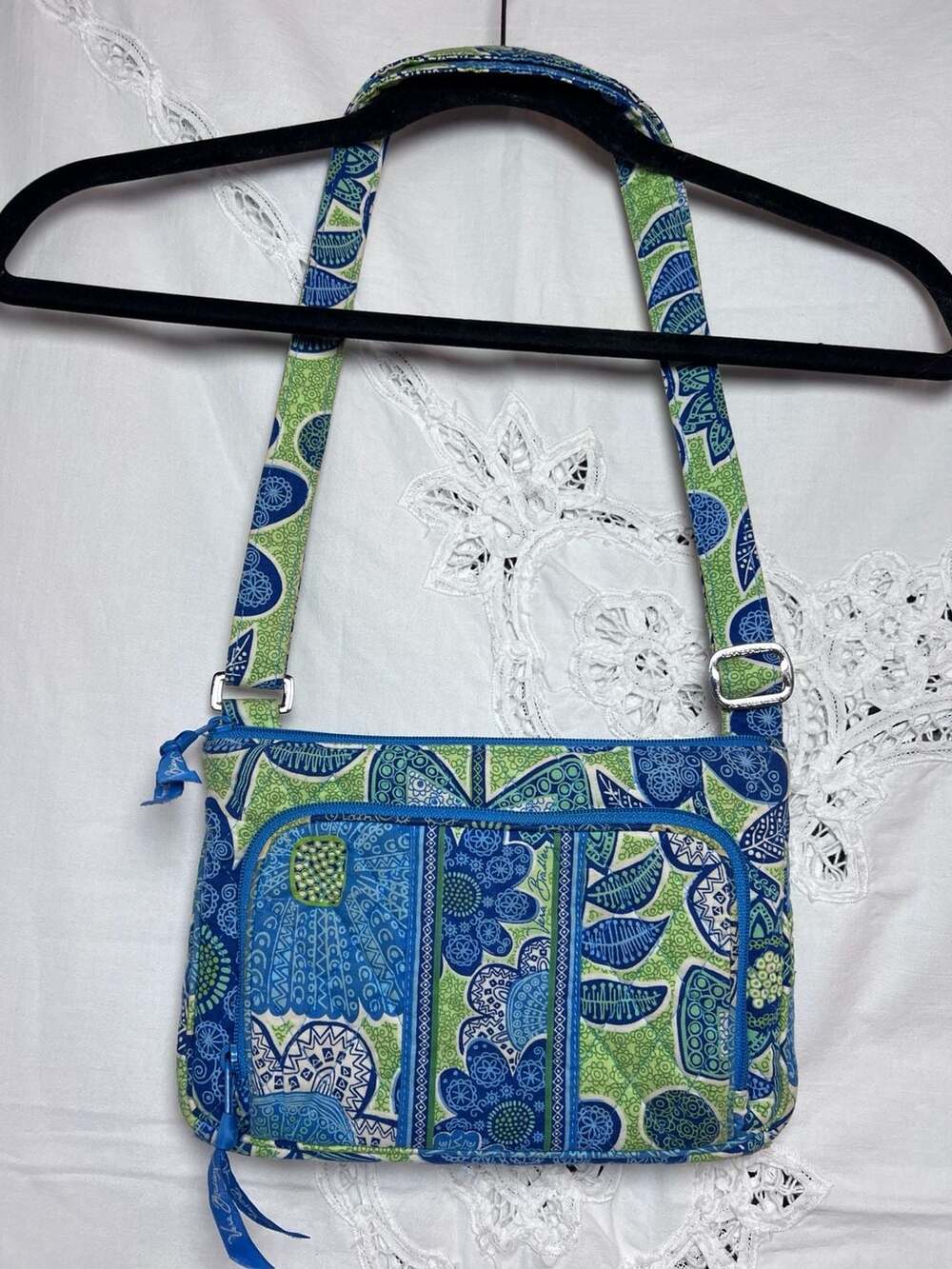 Vera Bradley Island Blooms Quilted Cotton Crossbody Bag Blue Green Floral